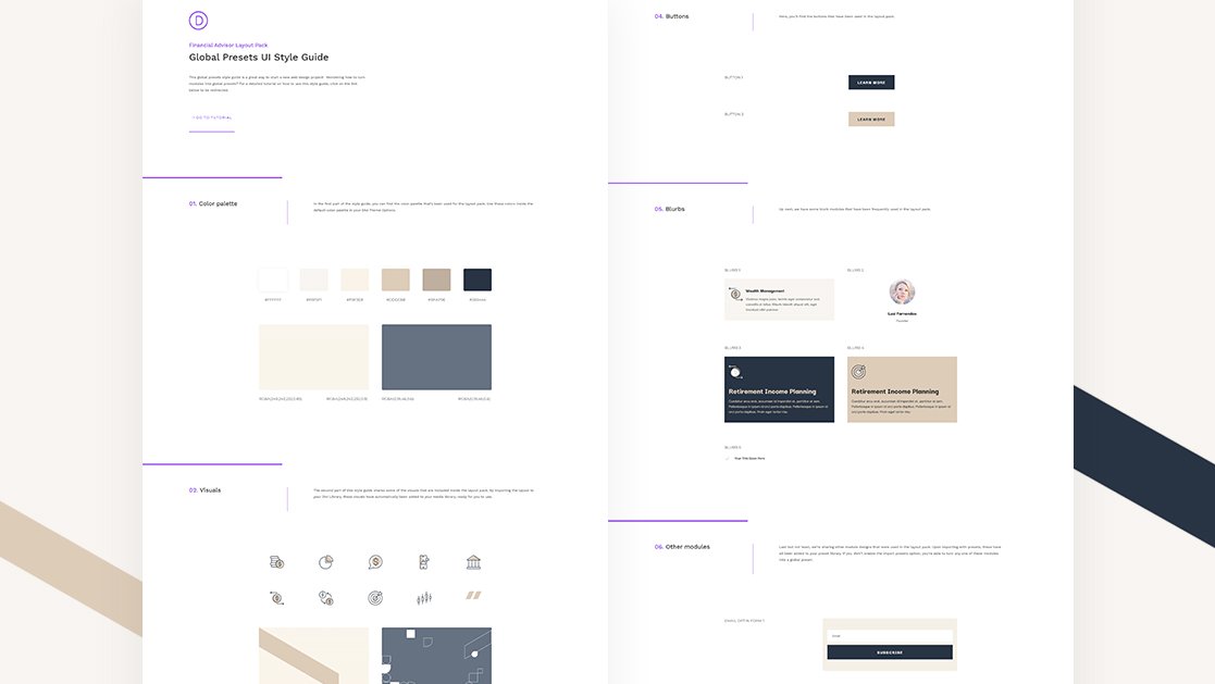 Download a FREE Global Presets Style Guide for Divi’s Financial Advisor Layout Pack