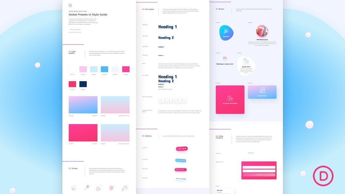 Download a FREE Global Presets Style Guide for Divi’s Candy Shop Layout Pack