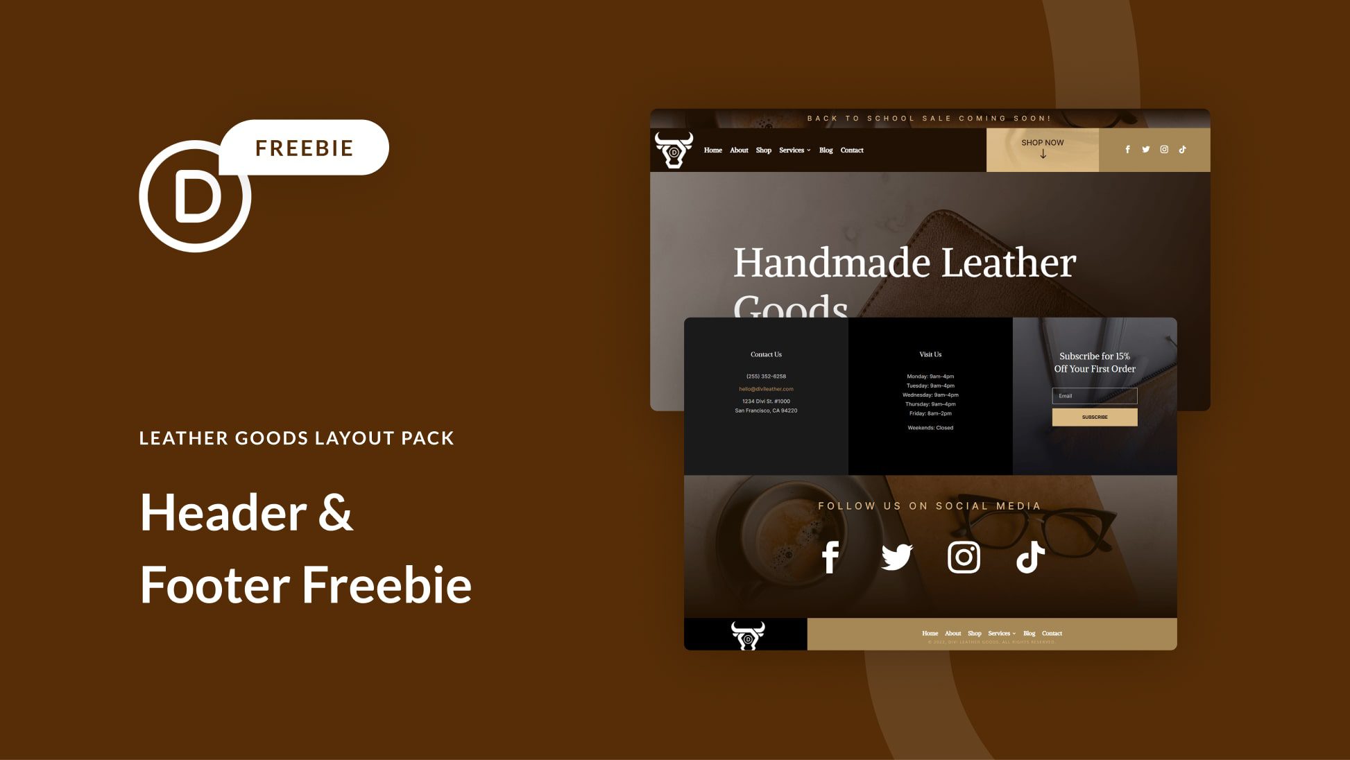 Download a FREE Header & Footer for Divi’s Leather Goods Layout Pack